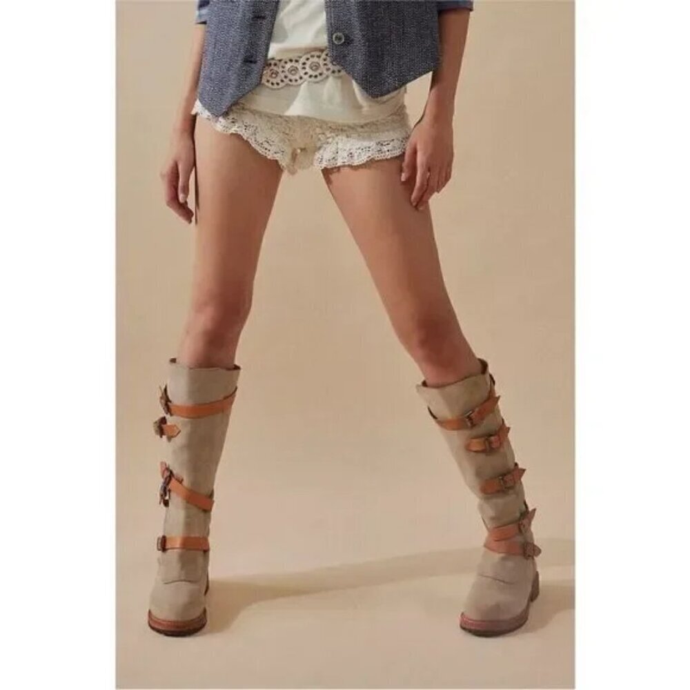 Free People Tristie Buckle Straps Knee High Boots Suede Lug